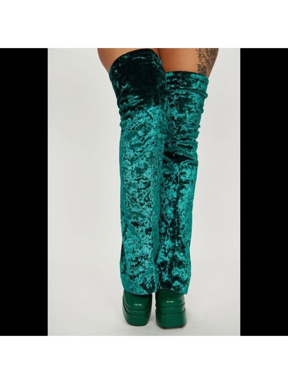Good Will Unique Thigh High Emerald Velvet Fold over Chunky Heel Platform Boots - Picture 4 of 15